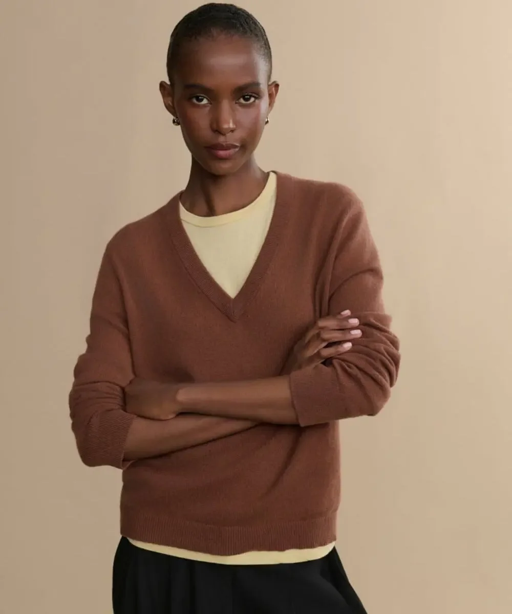 JENNI KAYNE Flynn Cashmere V-Neck in Canyon Brown